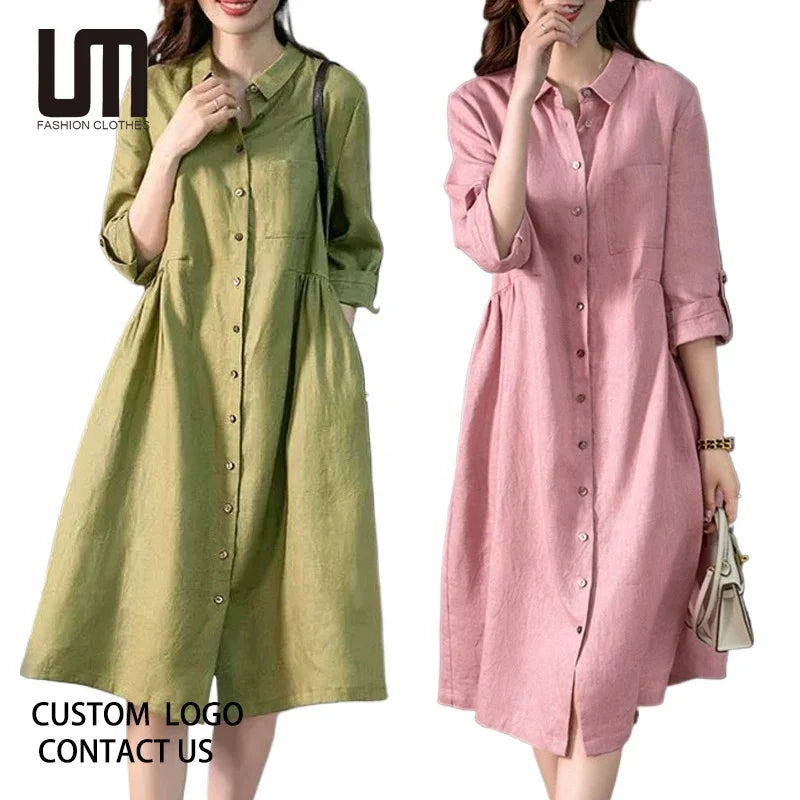 Liu Ming Wholesale New Arrivals Korean Style Women Summer Elegant Loose Cotton Linen Long Buttons Shirt Dress