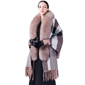 Women Winter Fashion fox Fur Collar Shawls Custom logo Free Size Wool Cashmere Capes Luxury Fur Lady Party Shawls