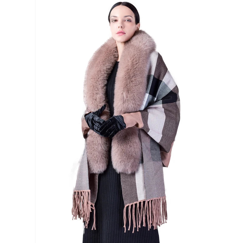 Women Winter Fashion fox Fur Collar Shawls Custom logo Free Size Wool Cashmere Capes Luxury Fur Lady Party Shawls
