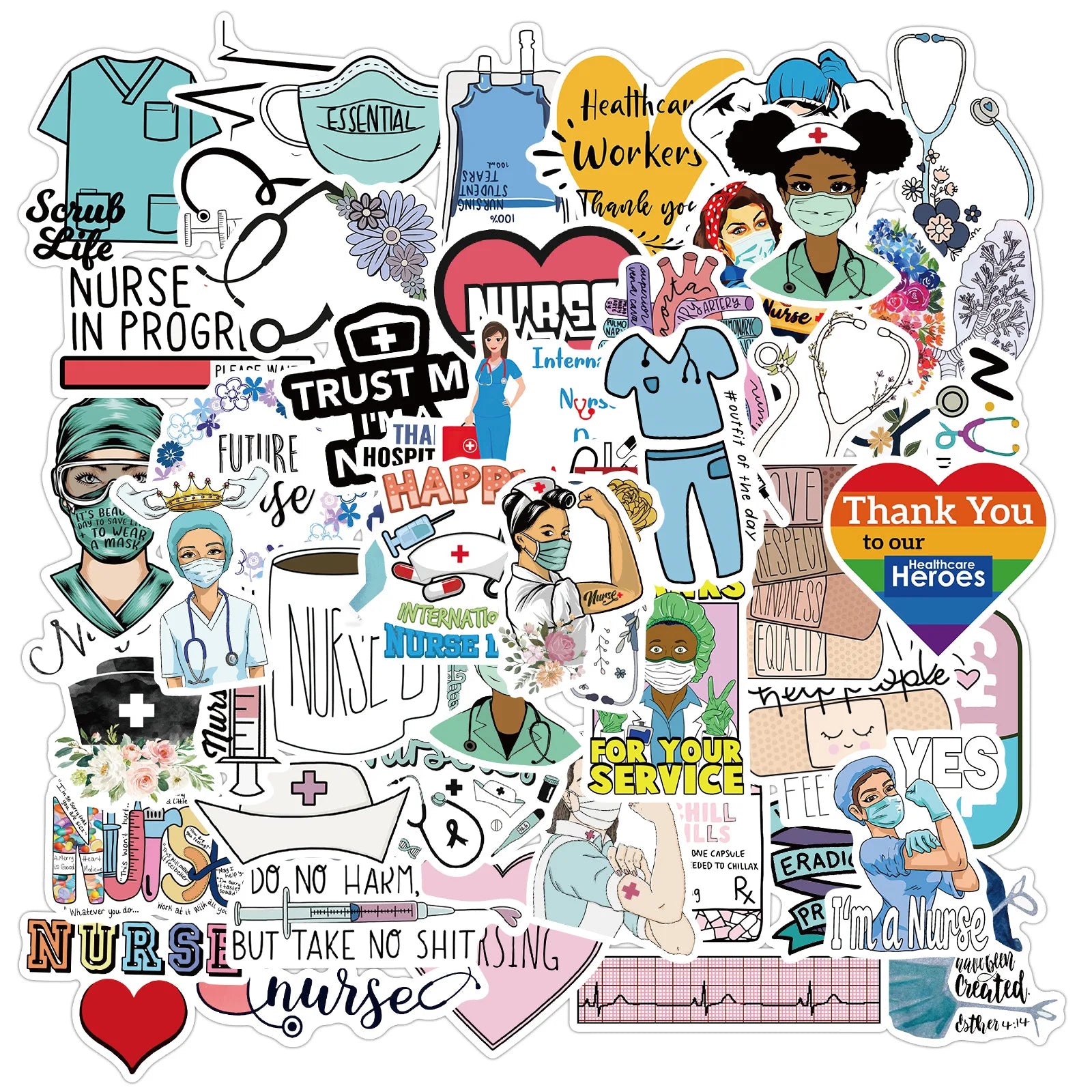 50Pcs International Nurses Day Stickers Decorative Label for Luggage Laptop Guitar Notebook Skateboard PVC Waterproof Sticker