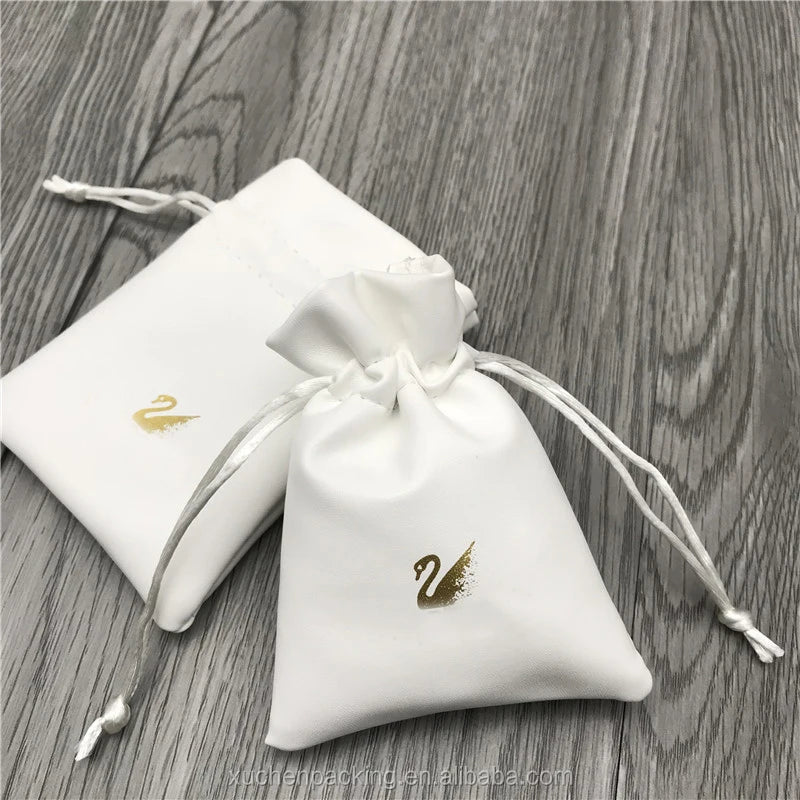 White Faux Leather Drawstring Bag Pu Jewelry Gift Pouch