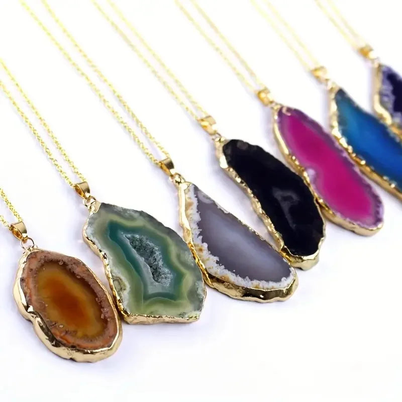Wholesale New Fashion Gold Electroplated Rough Stone Slice Colorful Natural Shell Pendant Necklace
