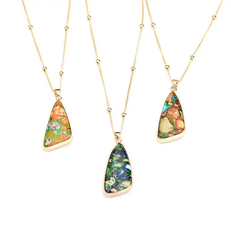 Hot Sale Hawaiian Summer Gemstone Necklace Jewelry Sediment Jasper Triangle Pendant Necklace