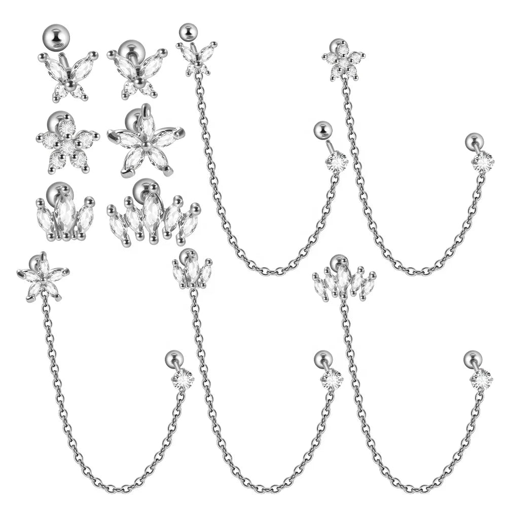 Single Chain Butterfly Flower CZ Cartilage Ear Tragus Stud Helix 20G Surgical Steel Lobe Jewelry with Zircon for Wedding