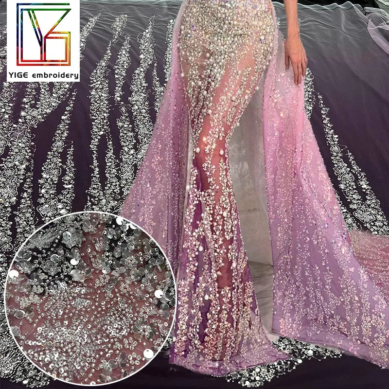 Wholesale Luxury Beaded Sequin Fabrics Lace Fabric for Evening Dress Bridal Embroidery Dress Beads Lace Fabric