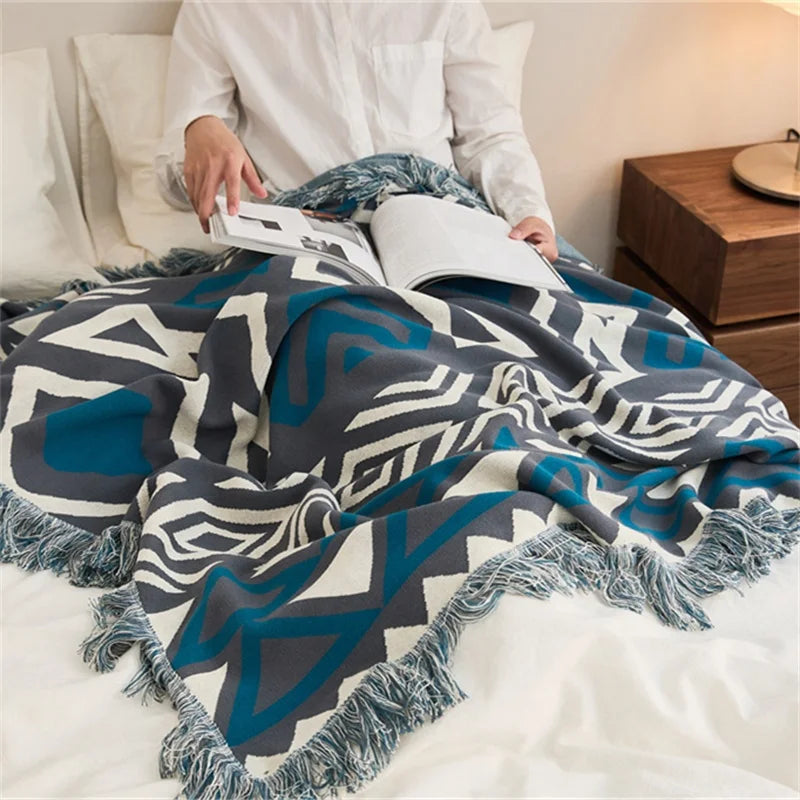 LNS Modern Style Fashionable Geometric Pattern 100% Cotton Soft Knitted Throw Blanket for Sofa Couch Bed