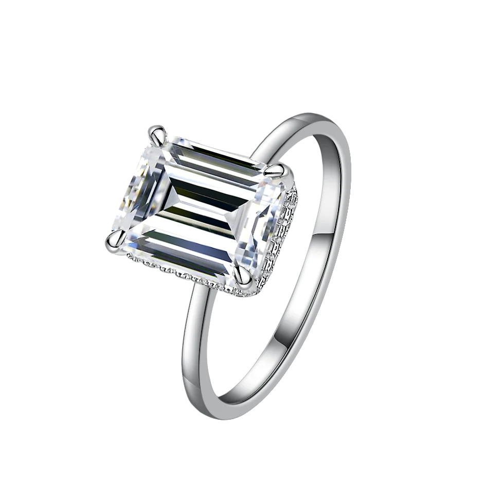 Fine Jewelry Emerald VVS Moissanite Diamond Ring Rhoudium Solitaire Setting Ring 925 Sterling Silver Women Wedding Rings
