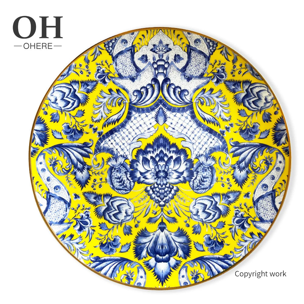 Luxury Minimalist Hand-Painted Customized Yellow Charger Dinnerware Set Eco-Friendly Porcelain Bone China Ceramic Dishes Plates