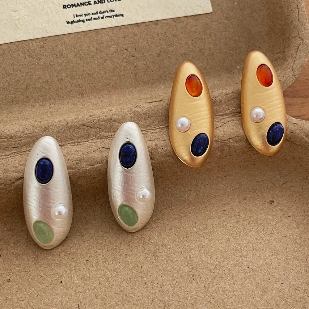 New Arrival Vintage Stud Earring Female Irregular Oval Earrings Light Luxury Resin Pearl Earring for Daily Life