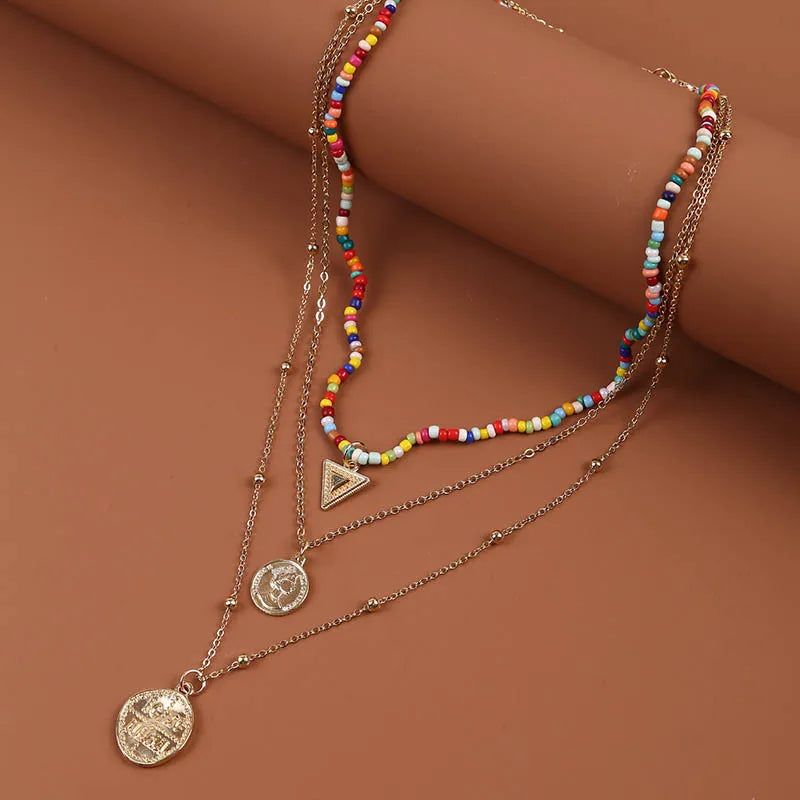 Bohemian Multilayer Colorful Seed Bead Flower Coin Necklace Statement Clavicle Chain Necklace for Women Jewelry