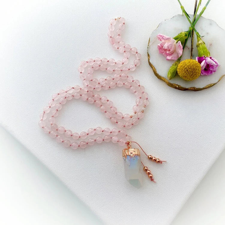 Natural Stone 108 Beads Pendant Necklace Jewelry Mala Rose Quartz Necklace Healing Crystal Necklace Women