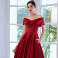 Ladies Party Stage Long off the Shoulder Satin Red Maxi Evening Prom Dress