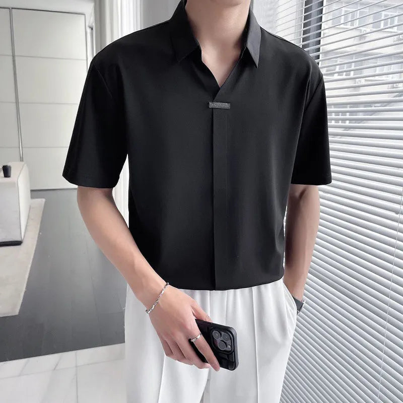 S-4XL  V-neck Short Sleeved Polo Shirt Men's Summer New Ice Silk Men's Top Casual Collar T-shirt