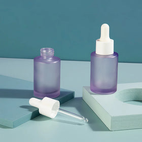 Skincare Packaging Cosmetic Frosted Purple Flat Shoulder Cylinder 30 ml Glass Essential Oil Dropper Bottle Empty