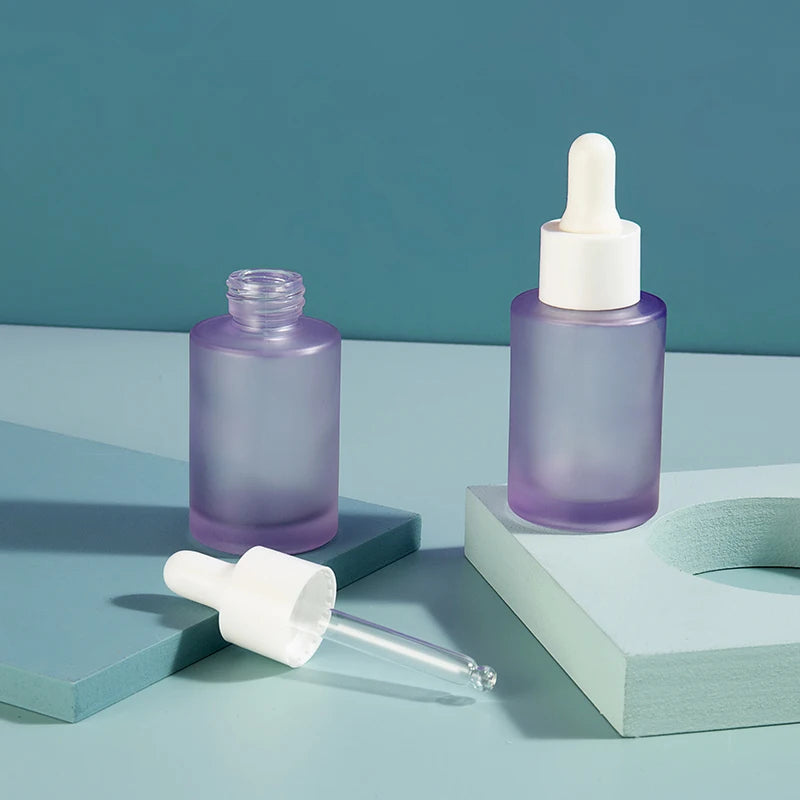 Skincare Packaging Cosmetic Frosted Purple Flat Shoulder Cylinder 30 ml Glass Essential Oil Dropper Bottle Empty