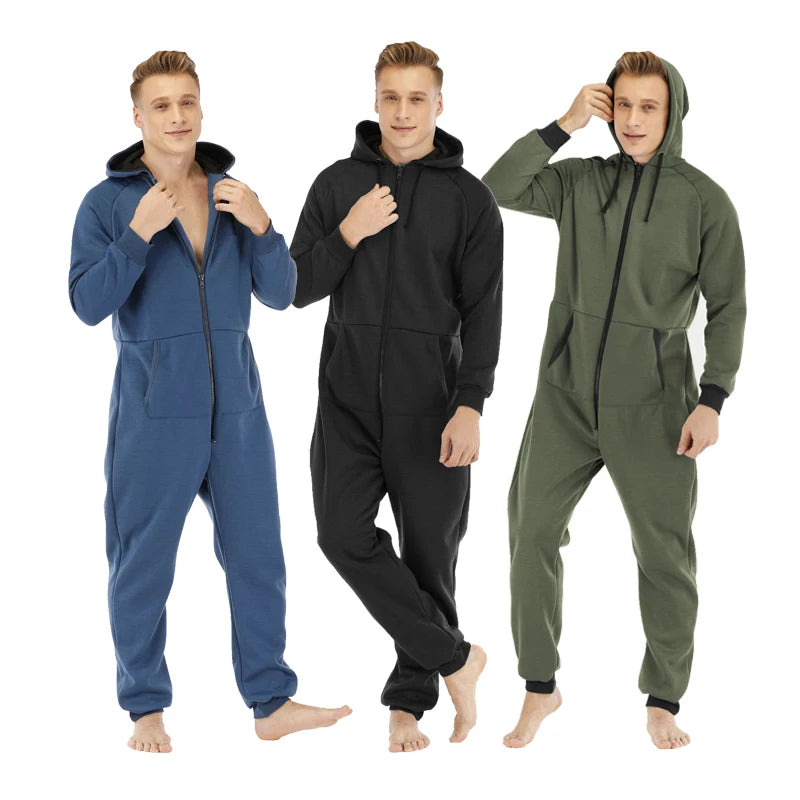 Custom Printed Fleece Thermal Solid Color Sleepwear Zipper Onesie Hooded Casual Loungewear Jumpsuit with Pocket Pajamas