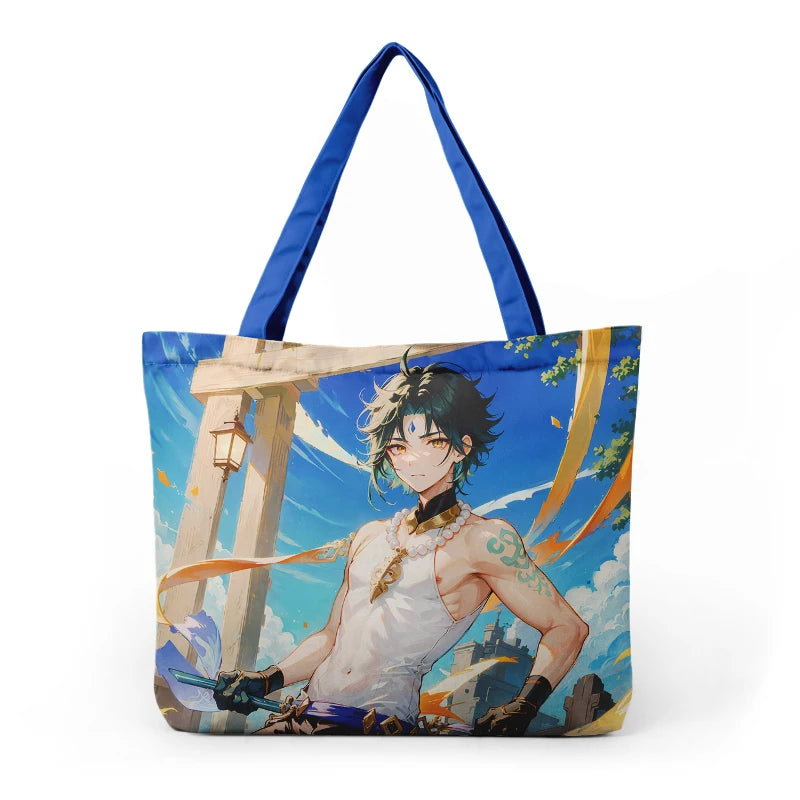 Wholesale Custom Printed Large Custom Genshin Impact Tote Bag Plain Pocket Zipper Shopping Reusable Letter Supermarket