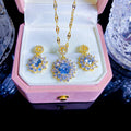 INS Delicate Zircon Flower Necklace Earring Set Stainless Steel Chain PVD Real Gold Plated Drop Flower Women Bridal Jewelry Set