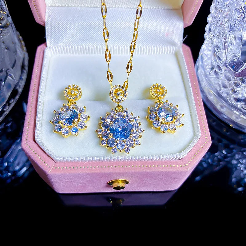 INS Delicate Zircon Flower Necklace Earring Set Stainless Steel Chain PVD Real Gold Plated Drop Flower Women Bridal Jewelry Set
