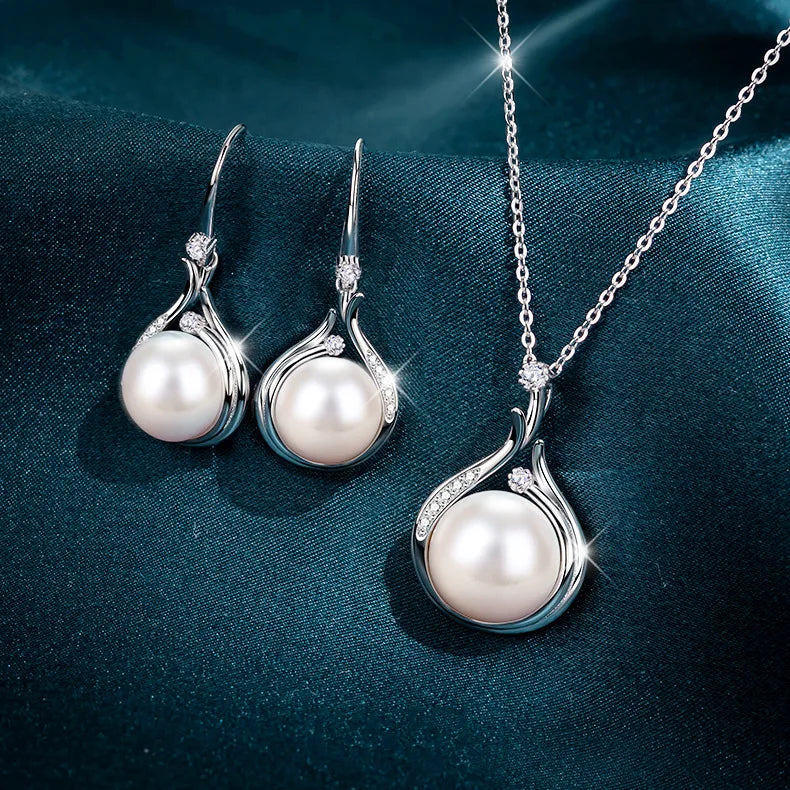 JOYFFO S925 Women's Silver Pearl Jewelry Set Dainty Pearl Pendant Necklace with Dangle Earrings for Weddings