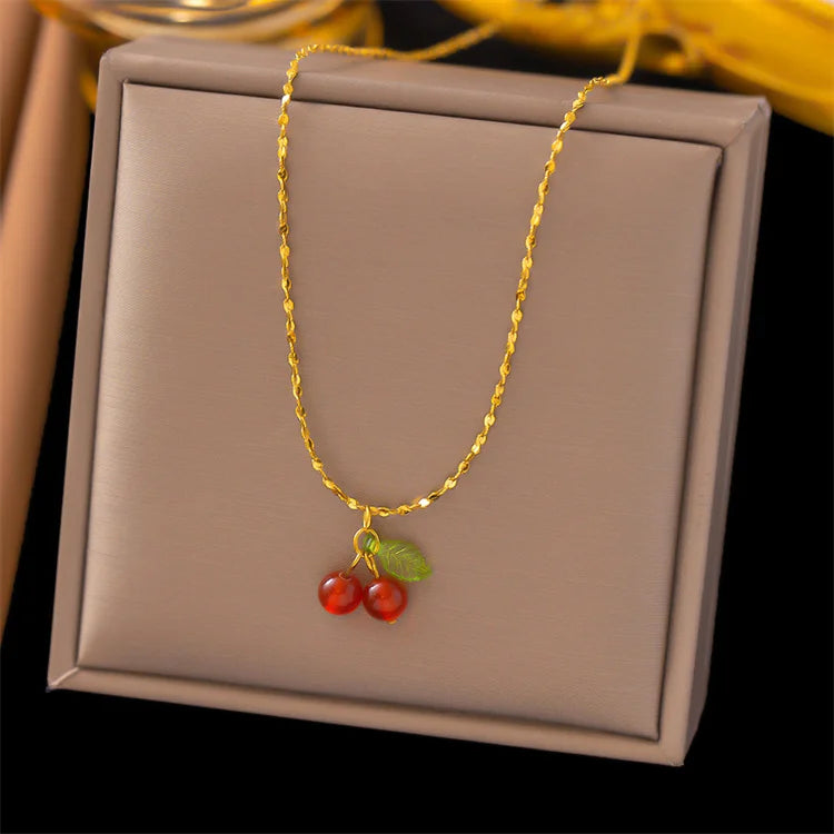 Wholesale New Stainless Steel 18k Gold Girls Necklace Statement Cute Cherry Necklace Charms