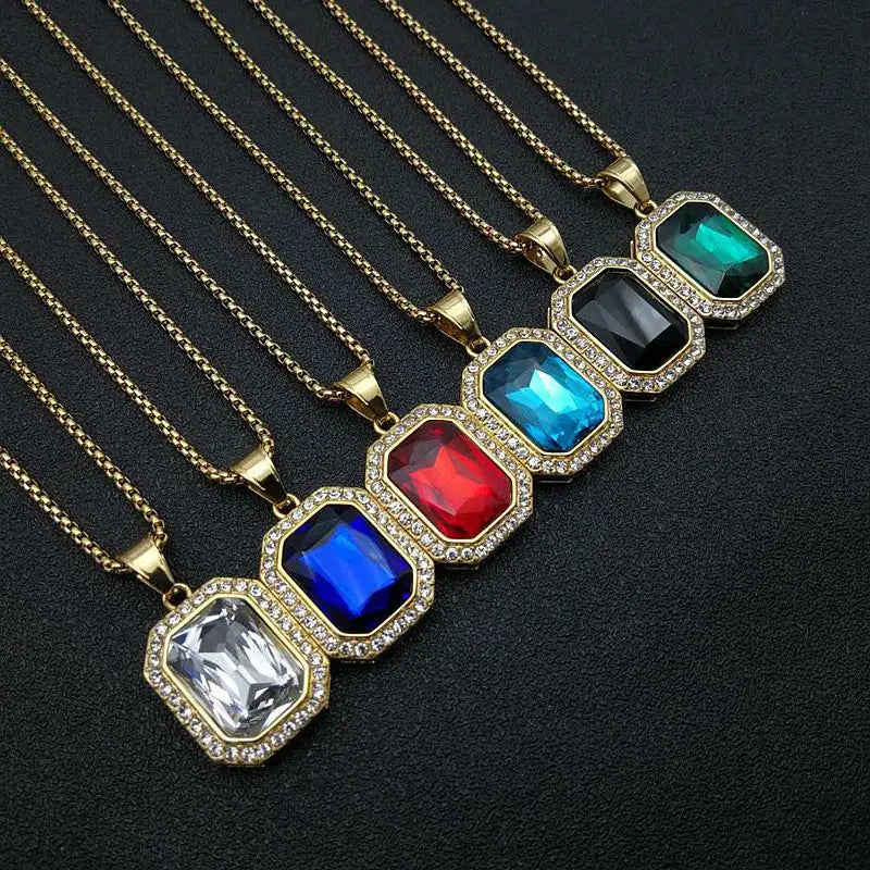 Duyizhao Hiphop Colorful Birthstone Stone Pendant Necklace Iced Out Solid Sapphire Emerald Ruby Gemstone Necklace Luxury Jewelry