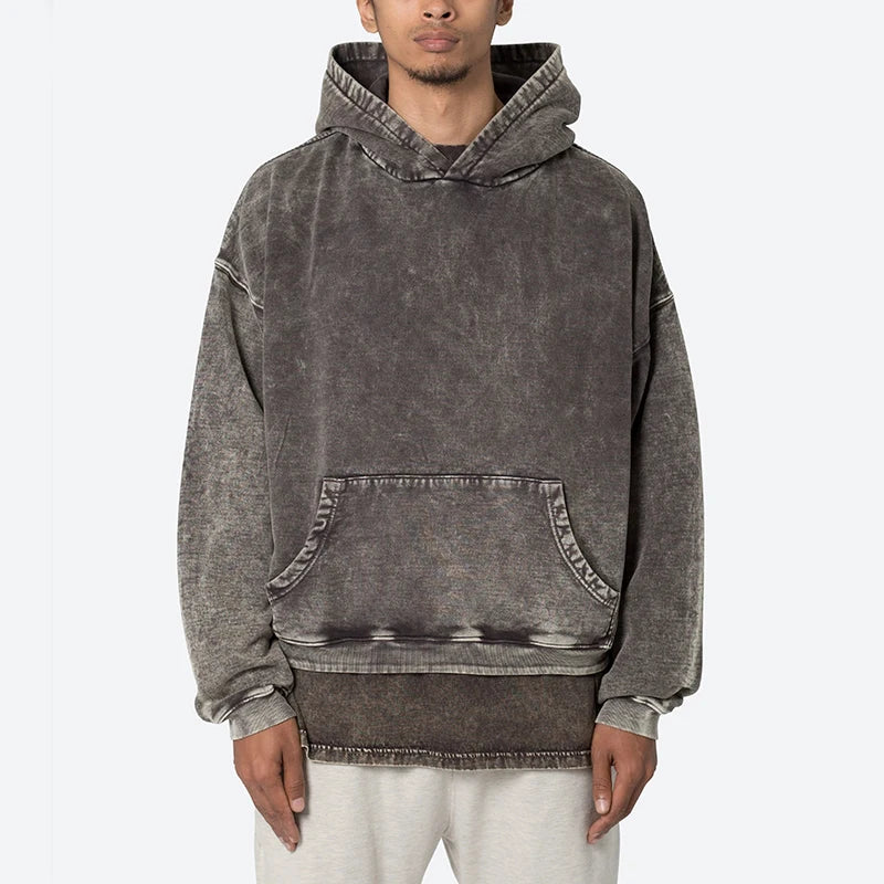 Customizable Distressed Men's Stonewash Print Hoodie 100% Cotton Oversized Pullover Ripped Faded Acid Wash Design Spring Season