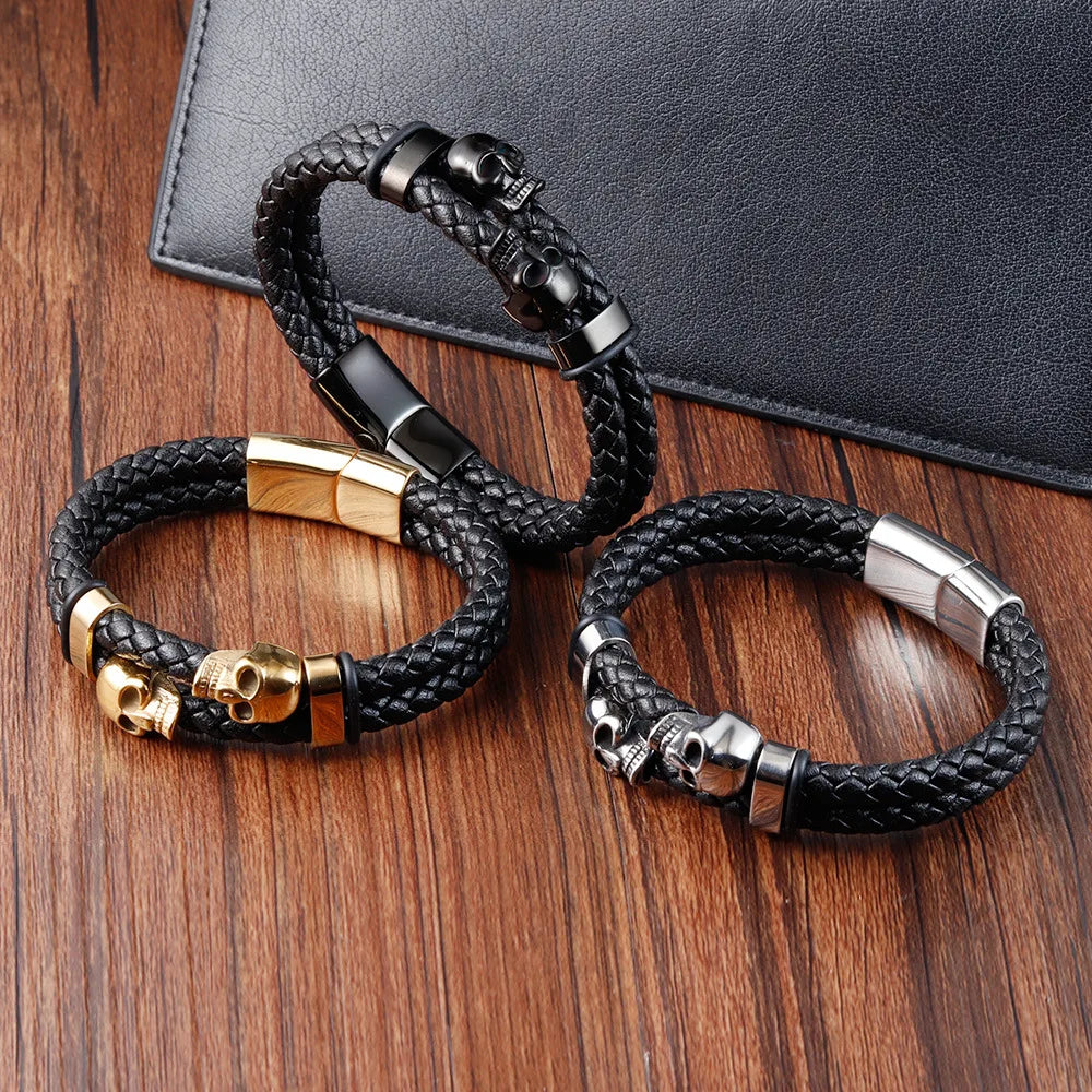 Genuine Leather Bracelet OEM Customized Skull Stainless Steel Magnetic Clasp Men's Leather Bracelet Wristband Jewellery
