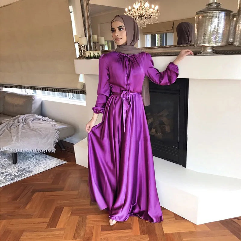 Lanna New 2023 Elegant Soft Polyester Pure Color Large Hem Satin Abaya for Islamic Women All Seasons