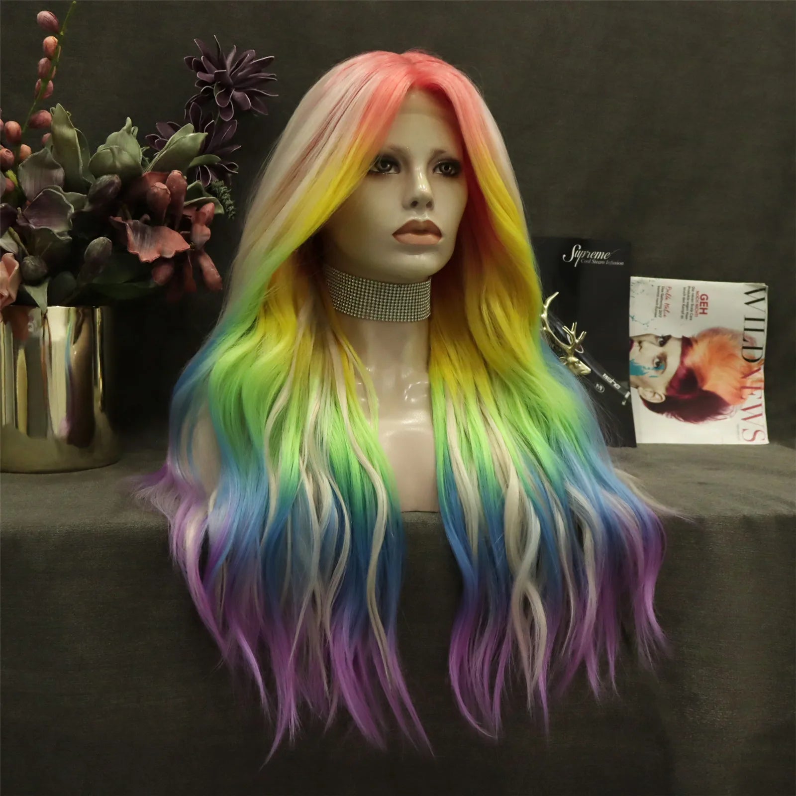 Celebrity Wig  Ombre rainbow  Curly Daily Life Wearing Futura Henlon FiberLace Front Cheap Synthetic Wigs