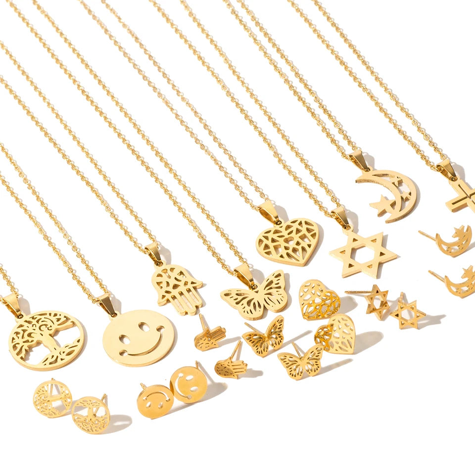 Fashion Minimalist 18k Gold Plated Stainless Steel Earring and Necklace Jewelry Set for Women and Girls