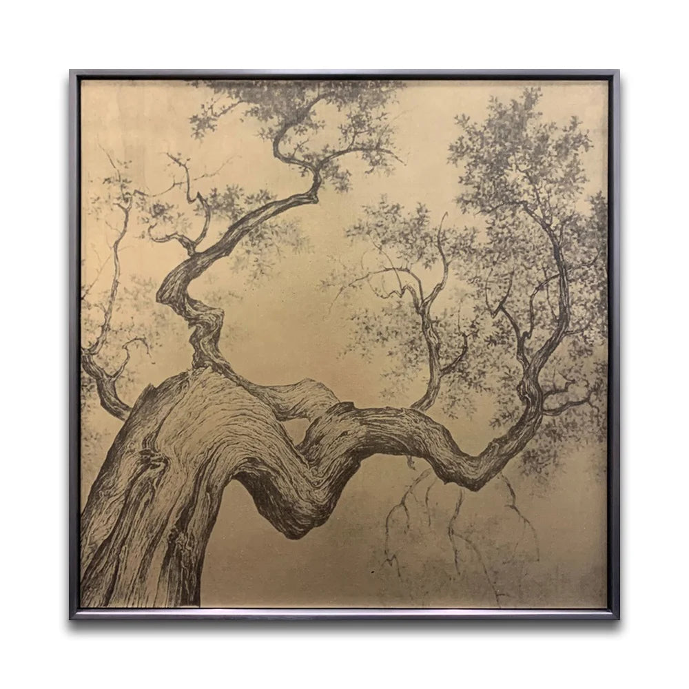 Contemporary Landscape Big Trunk Gold Brass Copperplate Etching Wall Hanging for Hotel