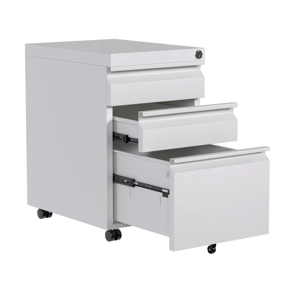 White Mobile File Cabinet with 3 Drawers Under Desk Rolling Drawer Cabinet with Lock for Home/Office