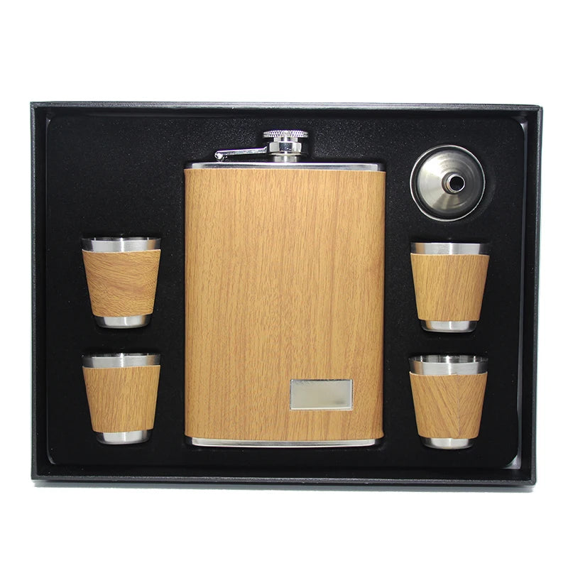 9oz Stainless Steel Hip Flask Box Gifts 1 Funnel 4 Shot Glass Cups Whiskey Bottle Alcohol Wood Bark PU Leather Liquor Flask Set