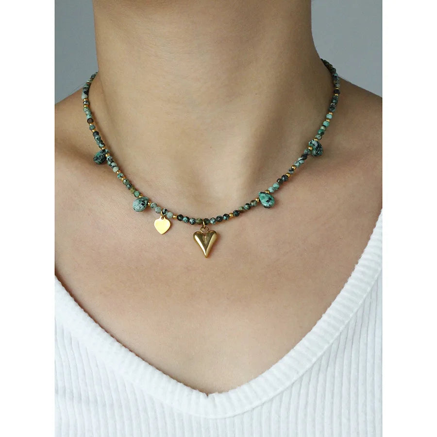 Vintage Colorful Natural Stone Beaded Necklace Jewelry Sweet Fashion Simple Luxury 18K Gold Heart Necklace for Girls