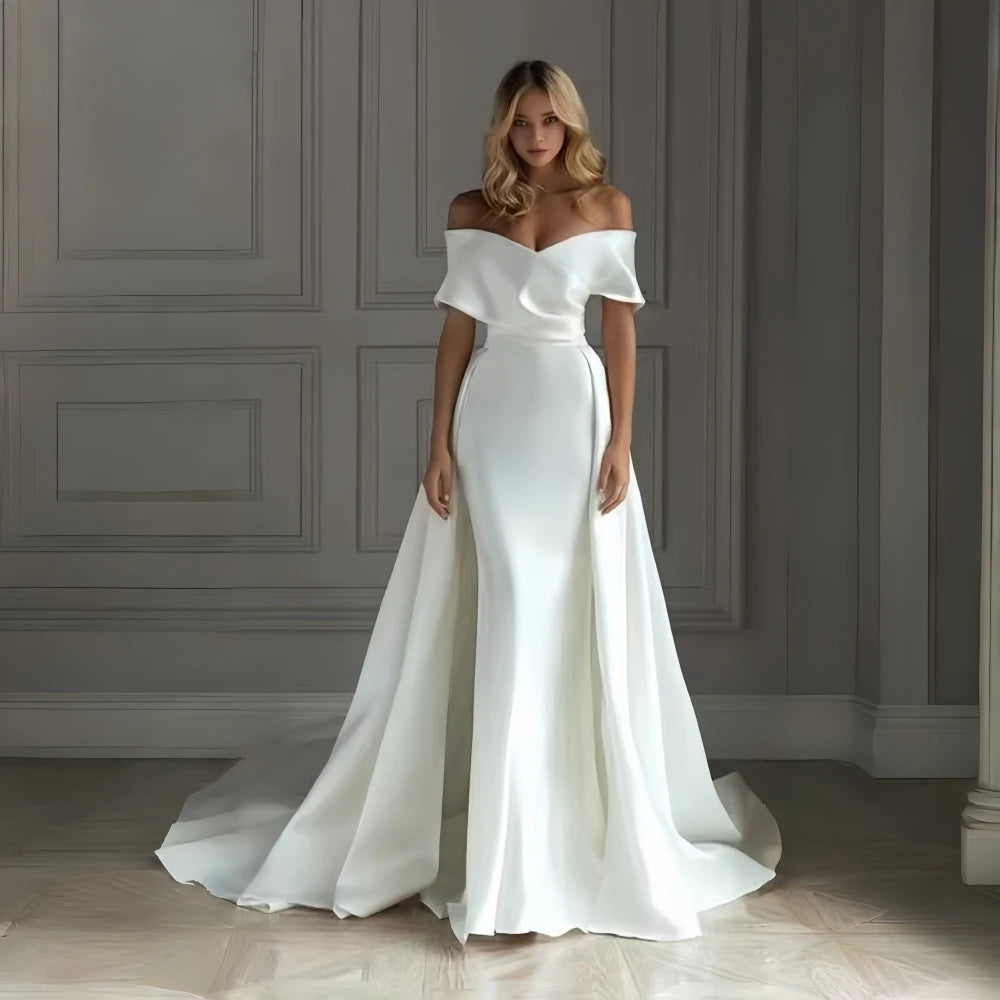 Detachable Long Trailing Train Zipper Back French Satin Light Wedding Dress Satin Mermaid Bridal Gowns Wedding Dresses
