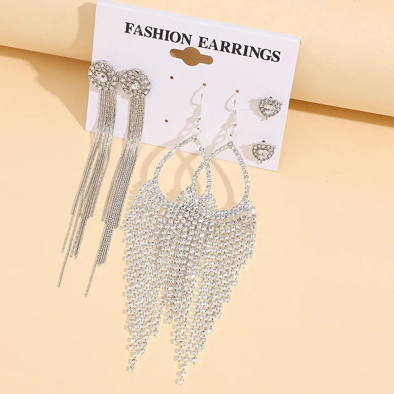 Silver Diamonds Tassels Jewelry Earrings Set Luxury Rhinestone Teardrop Long Tassel Earrings Set Woman