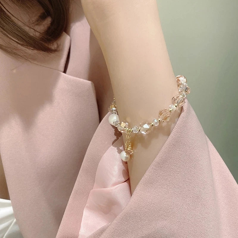 Fashion Beaded Bracelets Elastic Rope Freshwater Pearl Bangles Bracelet Shining Pink Crystal Beads Bracelet for Women Girls