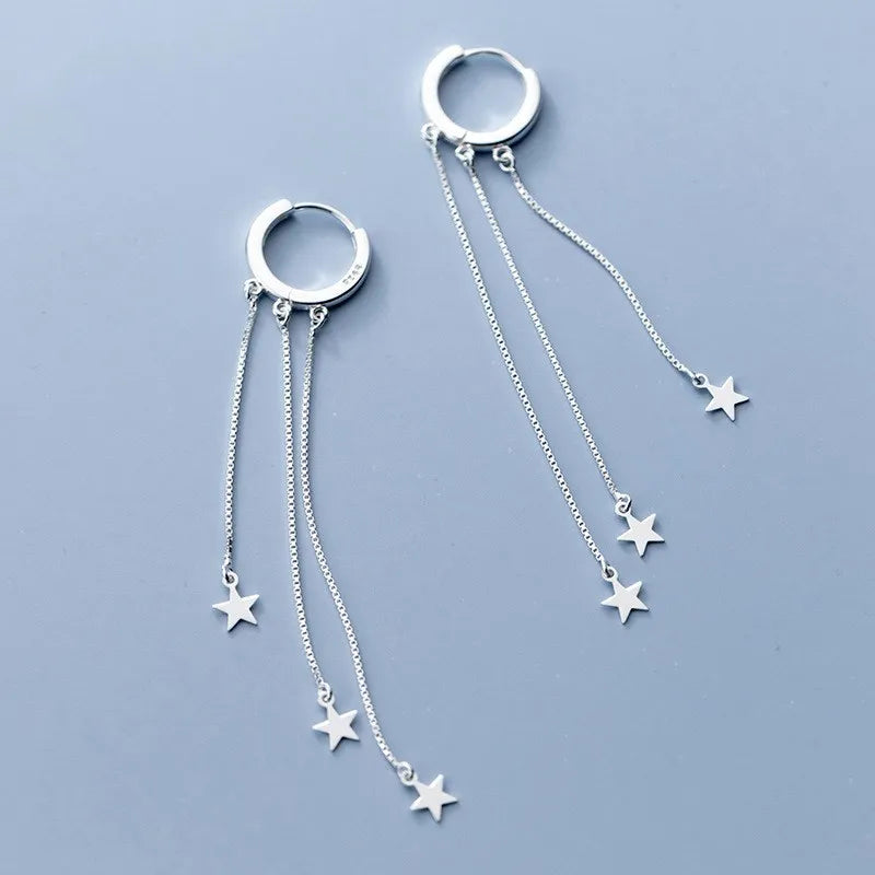 Long Tassel Chain with Small Star Pendant Hoop Earrings 925 Sterling Silver Fine Jewelry for Women