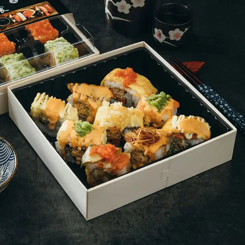 ESTICK Disposable Foldable Takeaway Lunch Wooden Sushi Box Kraft Paper Folder Type for Noodles and Food Packaging
