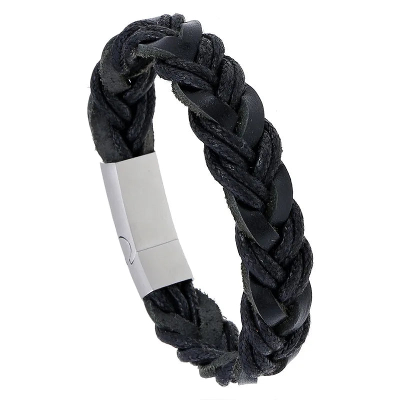 New Design Men's Fashion Bracelet with Genuine Leather Braided Stainless Steel Magnetic Buckle Magnetic Buckle