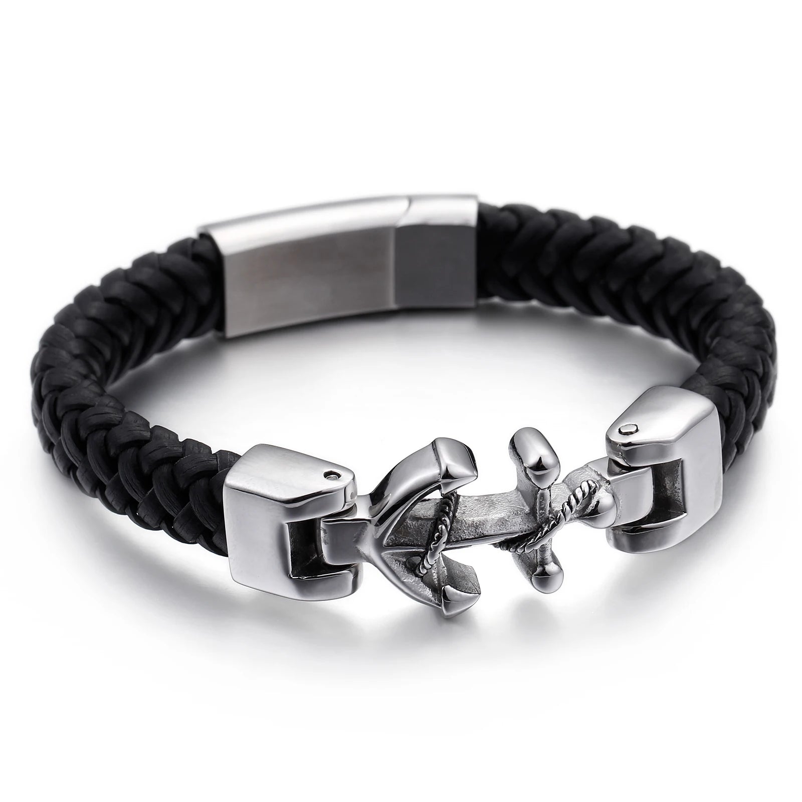 KALEN Simple Retro Stainless Steel Ship Anchor Leather Men's Bracelet