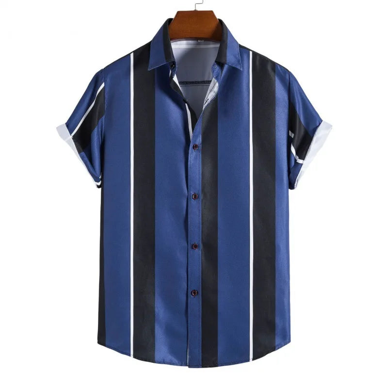 2023 New Men's Striped Printed Short Sleeve Shirt Fashion Casual