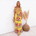 New Arrival Summer Women Bohemian Off Shoulder Floral Print Dress Chiffon Casual Vintage Ruffle Party Maxi Dress