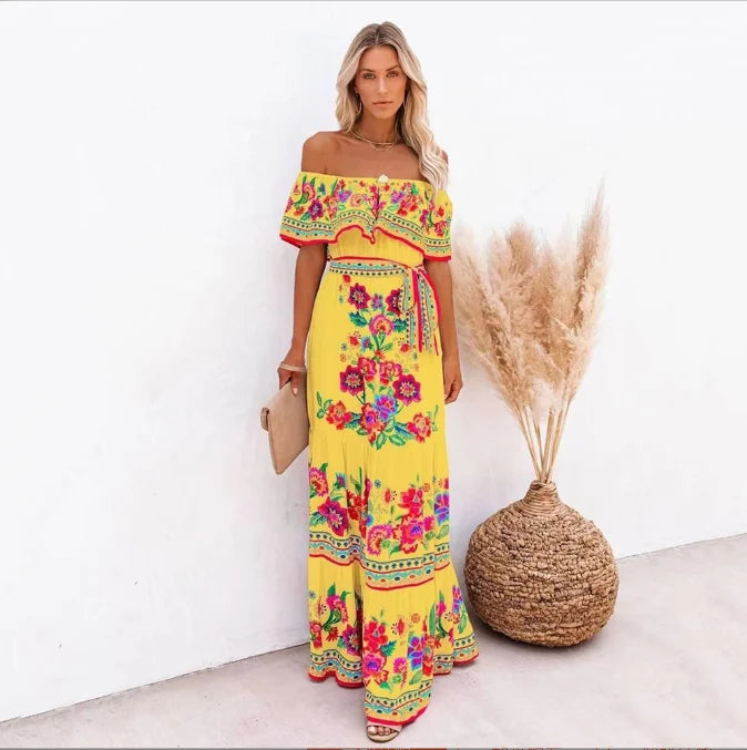 New Arrival Summer Women Bohemian Off Shoulder Floral Print Dress Chiffon Casual Vintage Ruffle Party Maxi Dress