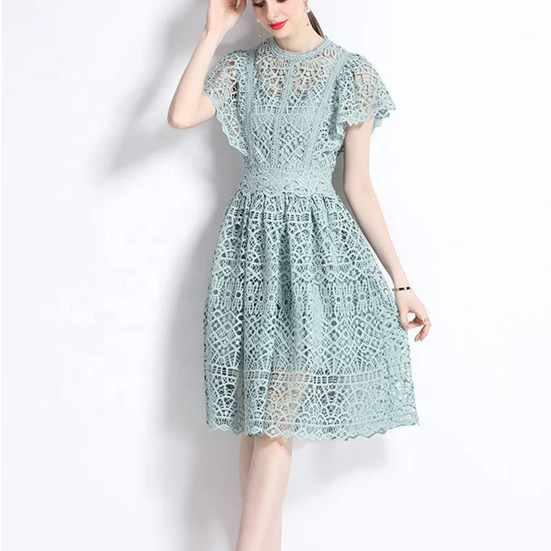 Plus Size Eco-Friendly Floor-Length Lace Dress Women's Summer New Hook Flower Embroidery Design Sense Elegant Temperament