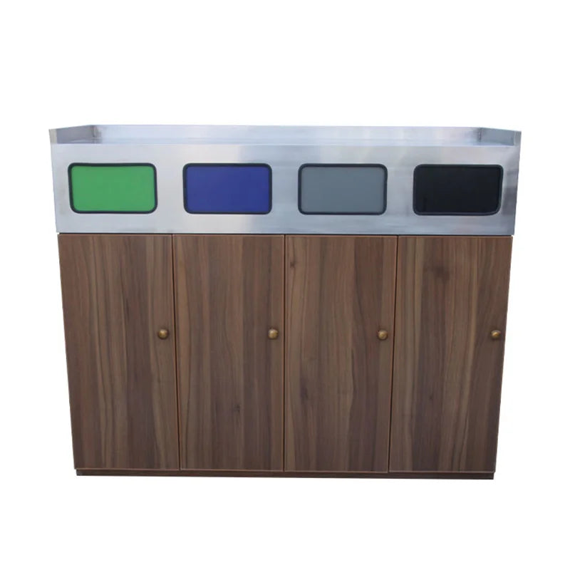 Outdoor 4 Compartment  Wood Trash Garbage Can Outside Street Park Large Rubbish Litter Bin Public 4 in 1 Recycling Waste Bin
