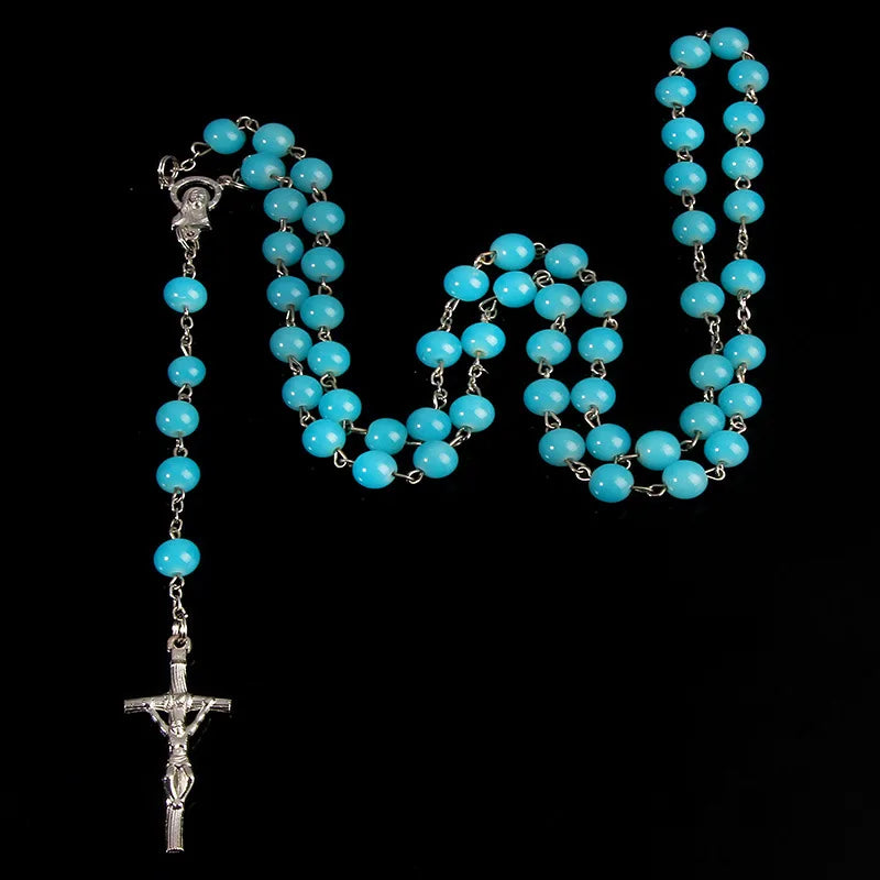 Wholesale 8mm Crystal Glass Imitation Jade Round Beads Rosary Cross Necklace Catholic Rosary Necklace