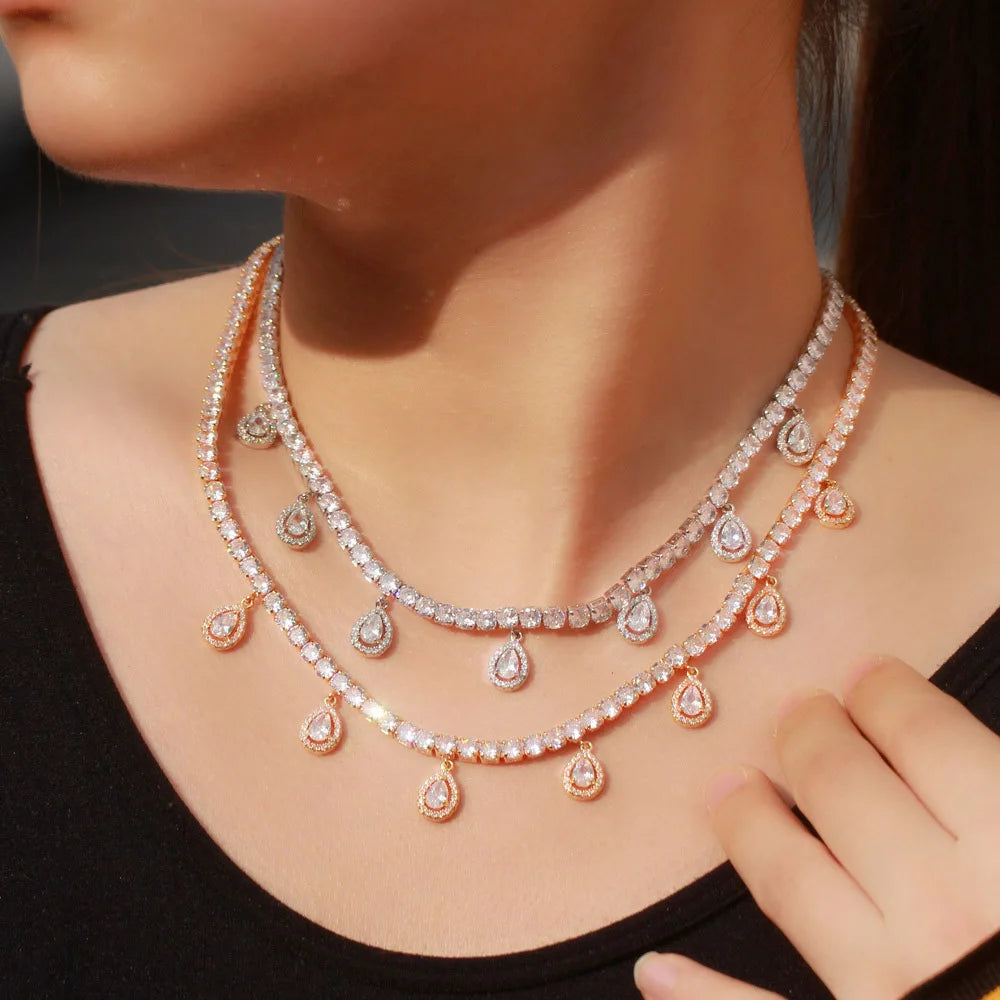 Bling Tennis Chain Water Drop Cubic Zirconia Stone Wedding Party Choker Necklace Gold Plated Bohomia Jewelry for Women