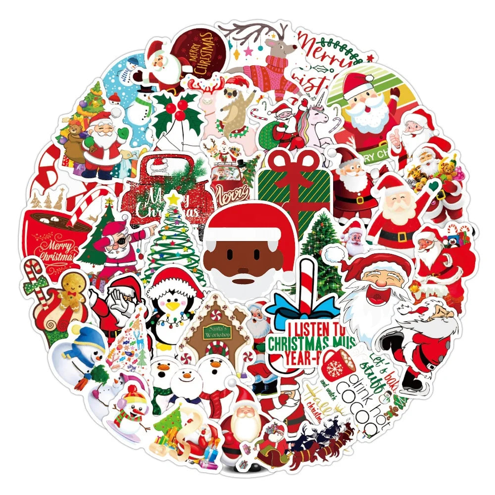 New Style 50Pcs Christmas Santa Stickers  Festival Stickers for Promotion Gift Home Wall Bottle Decor Waterproof Stickers